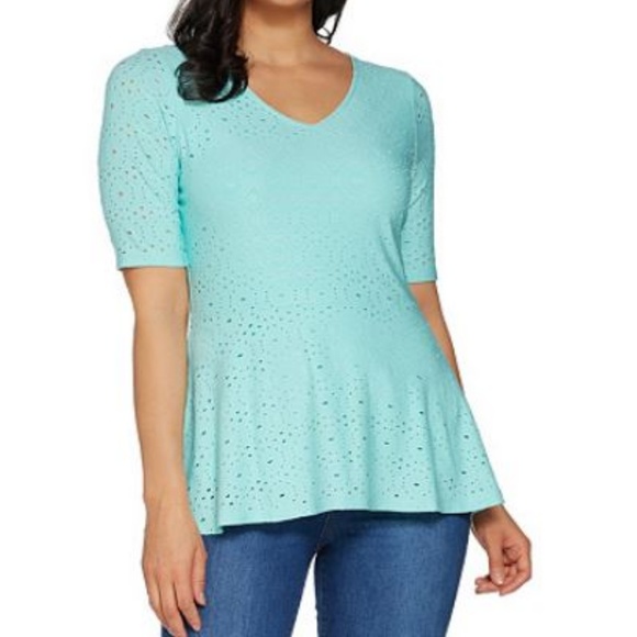 Knit Eyelet Elbow Sleeve Peplum Top 216 - Picture 3 of 3